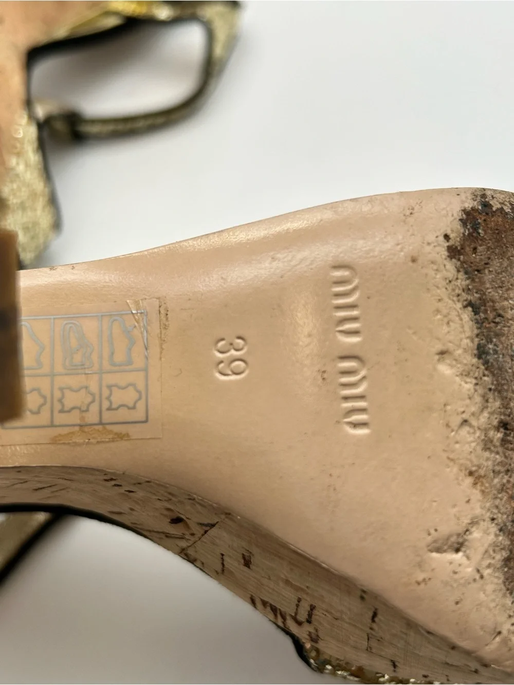 Miu Miu Gold Glitter Cork Platform Wedge Sandals size 39